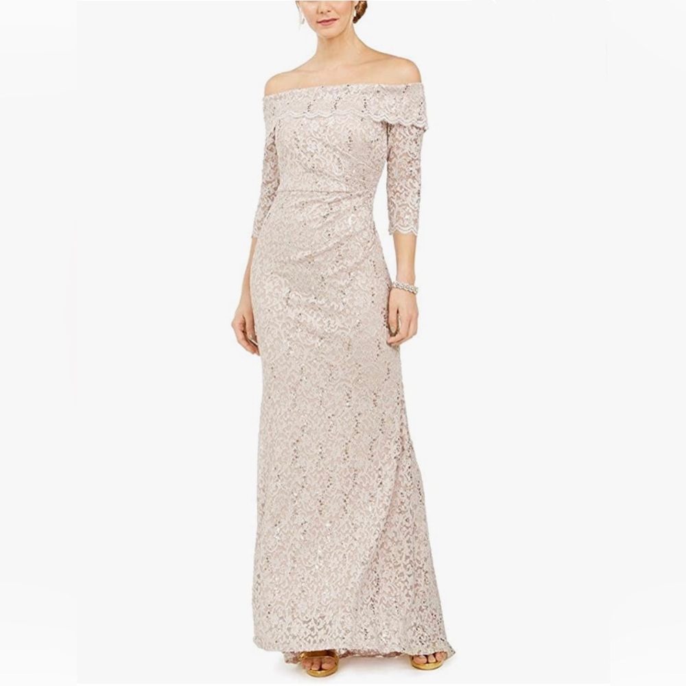 Vince Camuto Floral Lace Sequin Off Shoulder Maxi Formal Dress Blush